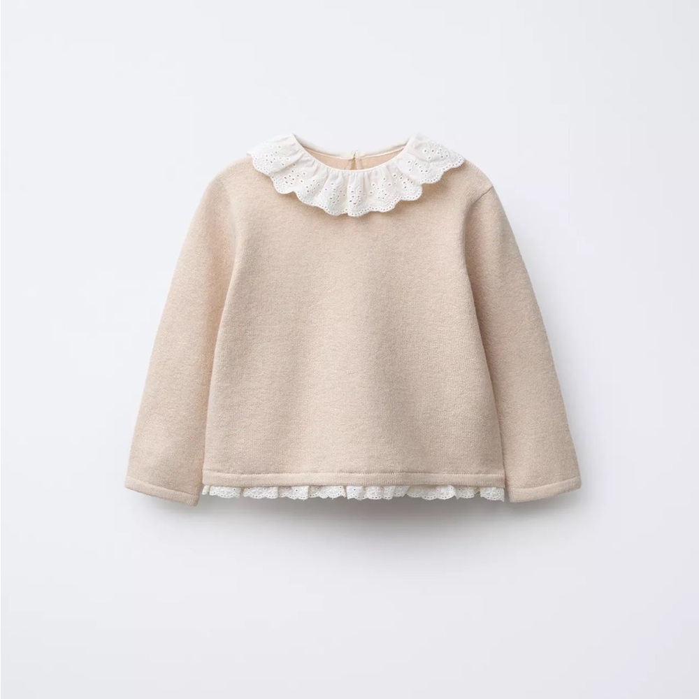 Zara Baby Girl Lace Collar Knit Sweater & Leggings Set Beige 3-6M